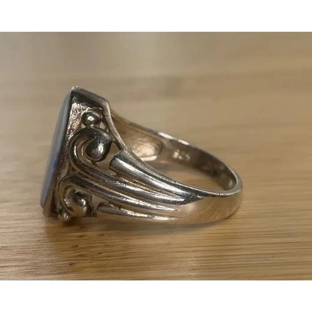 Vintage Sterling Silver Mother of Pearl Ring Oval Cabochon Scroll Filigree Sz 8
